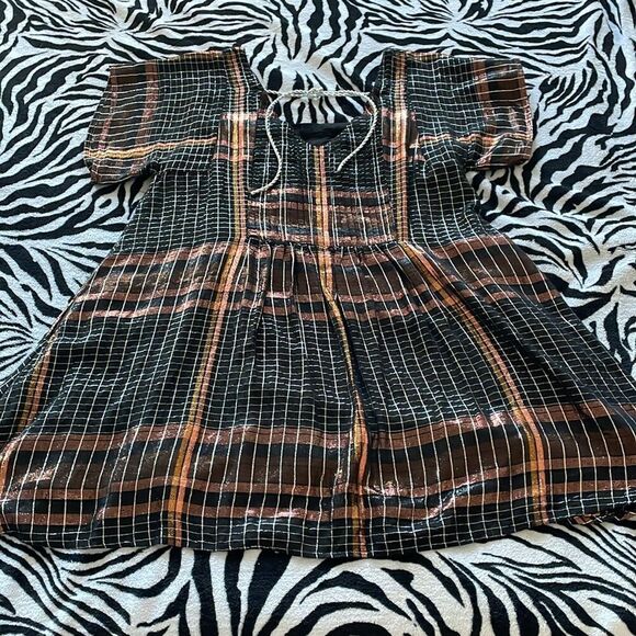 Free people metallic plaid square neck short sleeve pullover dress - Picture 2 of 13